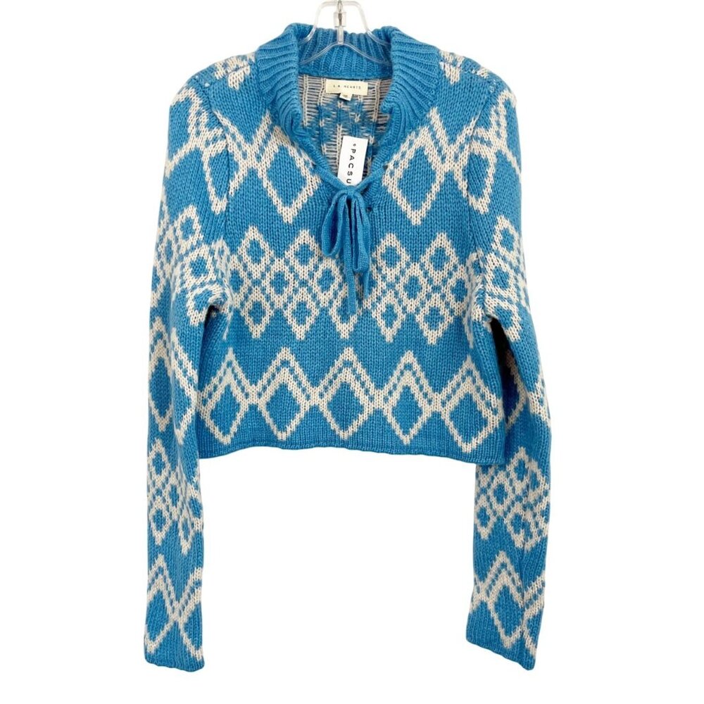 NEW LA‎ Hearts Blue & White Diamond Print Lace Up Pullover Sweater Cozy Size XS